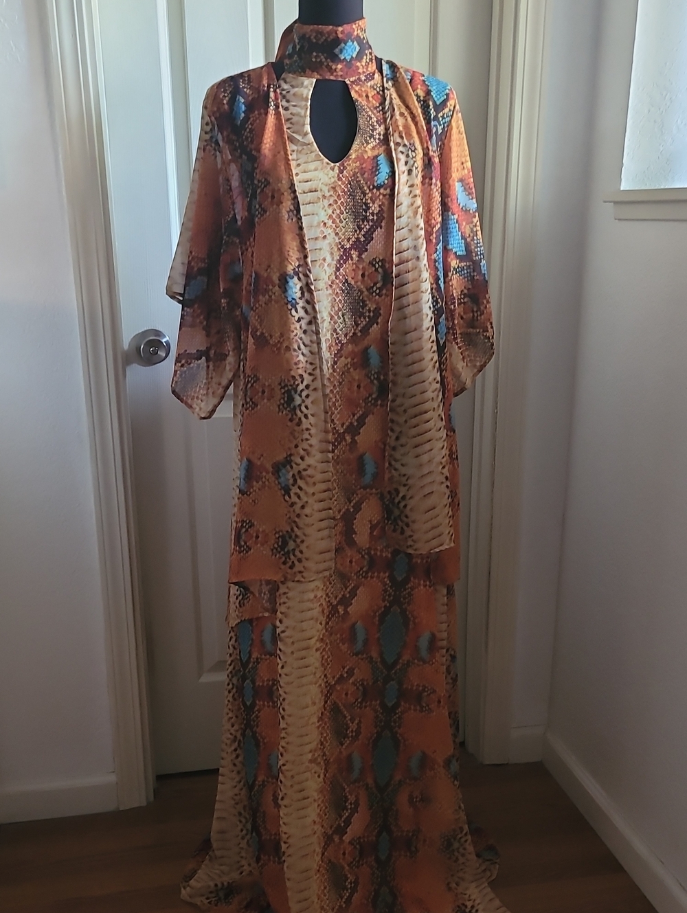 Judith March Orange Teal Snake-Print Maxi Dress+ MAYCHING KIMONO JACKET M S